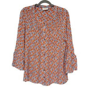 {Maeve} Orange Blue Mediterranean Floral Print Pleated Bell Ruffle Sleeve Blouse